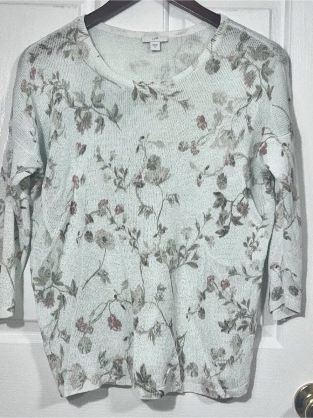 J. Jill Linen Blend Floral Knit Sweater Top Sage Green 3/4 Sleeve Size M